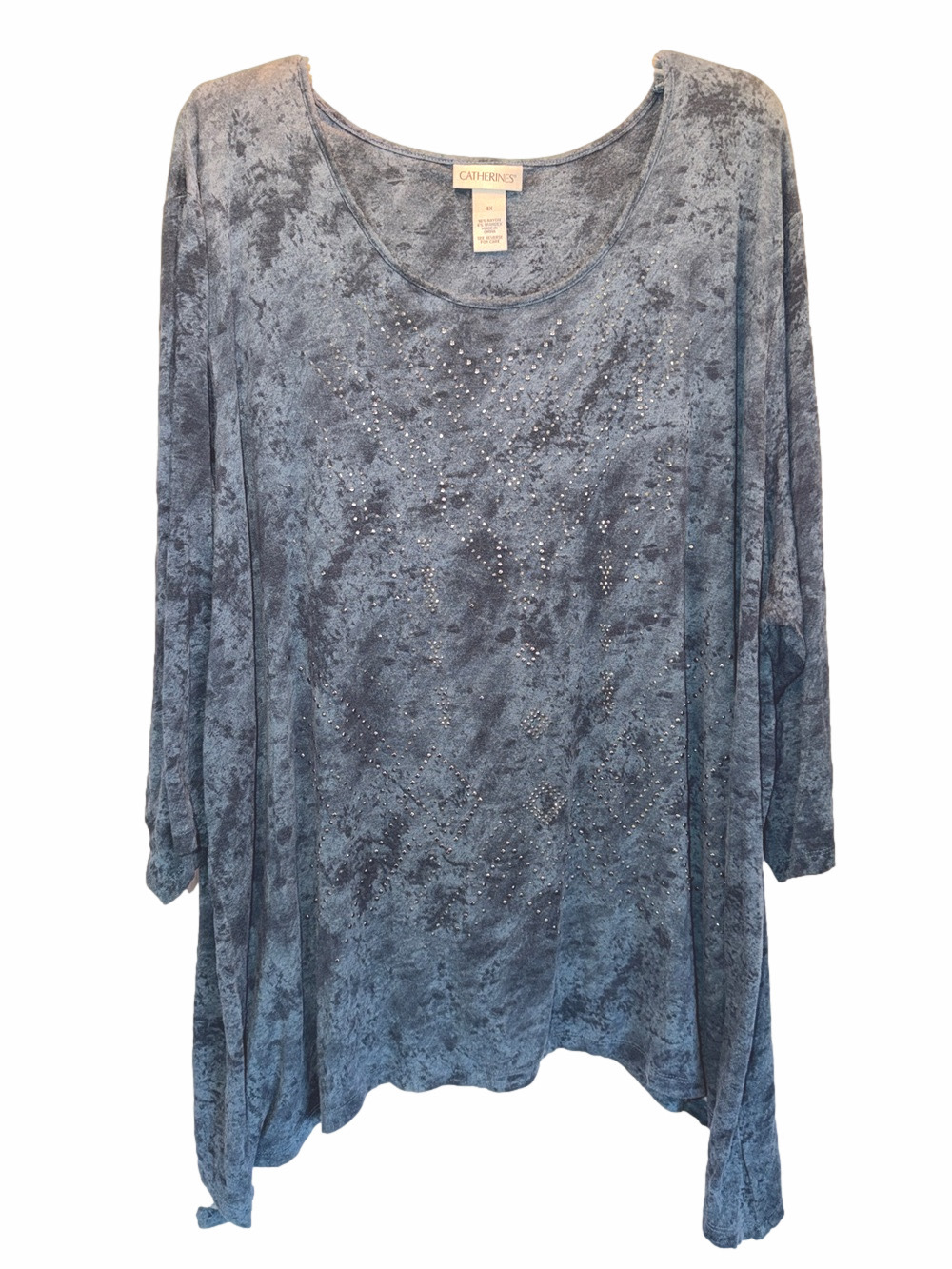 Catherines, Dusty Blue Rhinestone Scoop Neck Tunic Top, SZ 4X, PTP 33”, (T1-362)